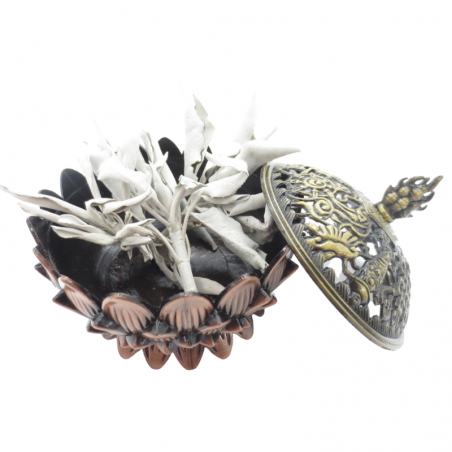 Bruciatore Resina Incenso Tibetano in Ottone Bronzo - Loto 9cm