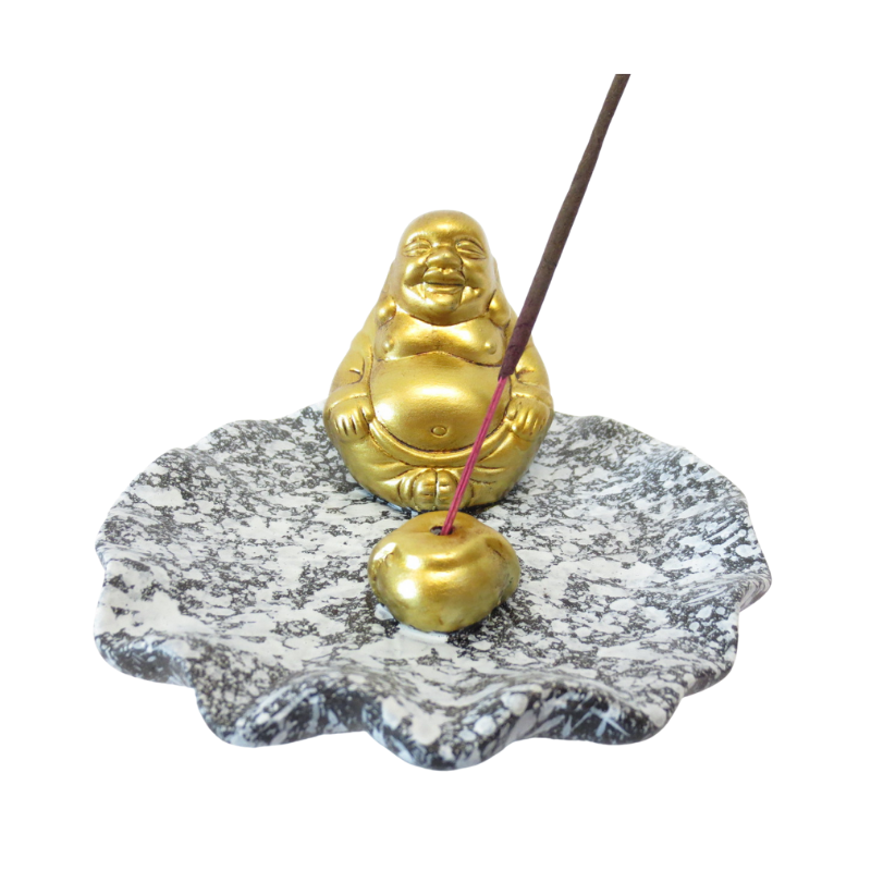 Supporto per bastoncini incenso Buddha Cinese dorato felice - Grigio