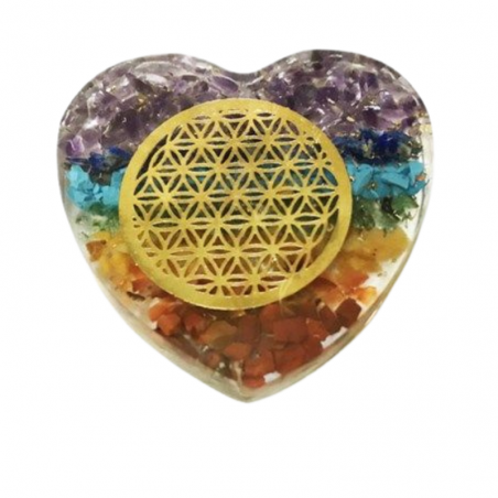 Cuore con chips pietre 7 Chakra e Fiore della Vita