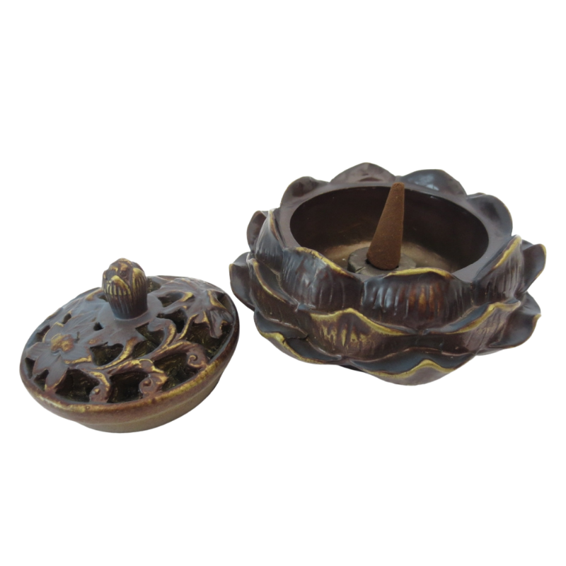 Supporto per coni e bastoncini incenso Loto - Marrone - Oro