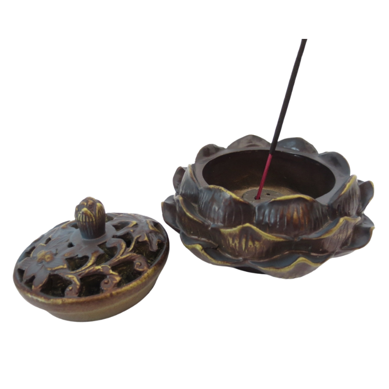 Supporto per coni e bastoncini incenso Loto - Marrone - Oro