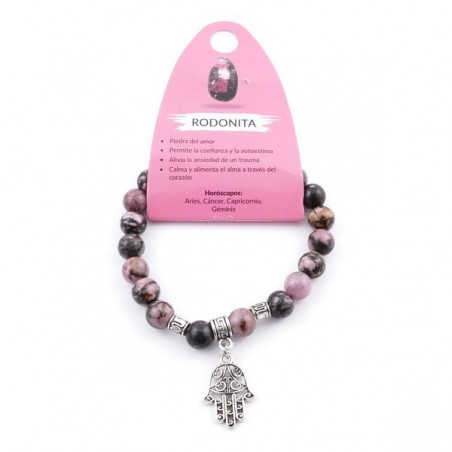 Rodonite Braccialetto Perle Naturali da 8mm con Mano di Fatima