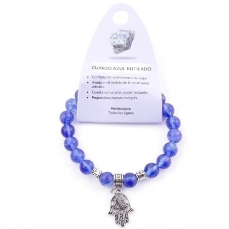 Braccialetto Quarzo Blu Rutilato perline 8mm Pietra Naturale con Mano di Fatima