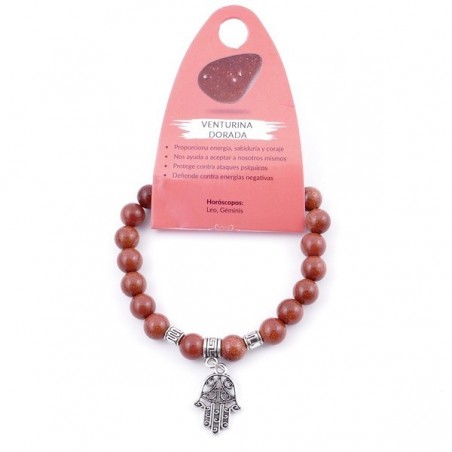 Braccialetto Avventurina Dorata perline da 8mm in Pietra Naturale con Mano di Fatima