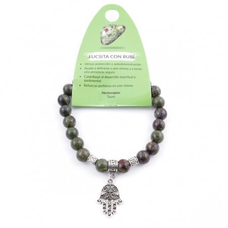Braccialetto Fuchsite con Rubino perline in Pietra naturale da 8mm e Mano di Fatima