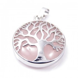 Quarzo Rosa Pendente Pietra Naturale da 27mm e Albero della Vita in Metallo