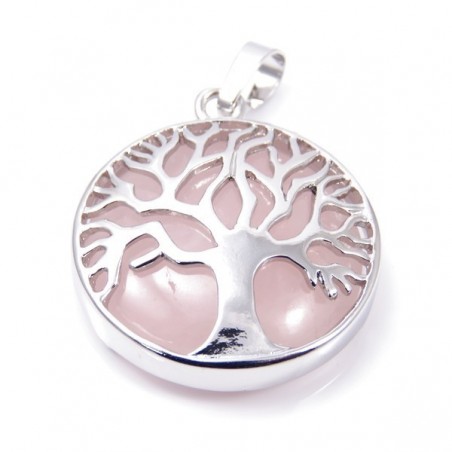 Quarzo Rosa Pendente Pietra Naturale da 27mm e Albero della Vita in Metallo