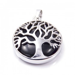 Onice Nera Pendente Pietra Naturale da 27mm e Albero della Vita in Metallo