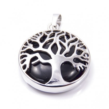 Onice Nera Pendente Pietra Naturale da 27mm e Albero della Vita in Metallo