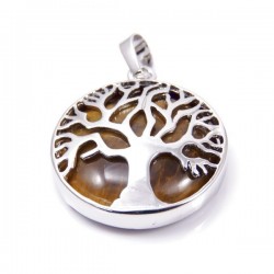 Occhio di Tigre Pendente Pietra Naturale da 27mm e Albero della Vita in Metallo