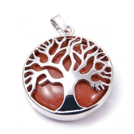 Avventurina Dorata Pendente Pietra Naturale da 27mm e Albero della Vita in Metallo