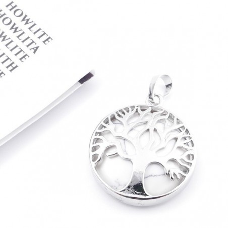 Howlite Pendente Pietra Naturale da 27mm e Albero della Vita in Metallo