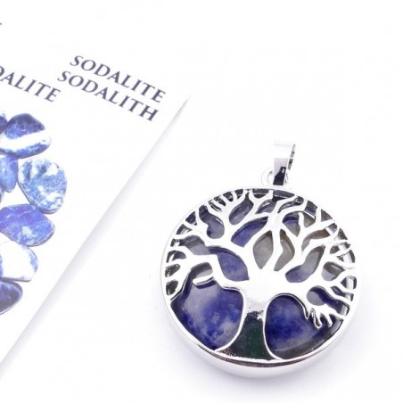 Sodalite Pendente Pietra Naturale da 27mm e Albero della Vita in metallo