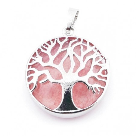 Quarzo Ciliegia Pendente Pietra Naturale da 27mm e Albero della Vita in Metallo