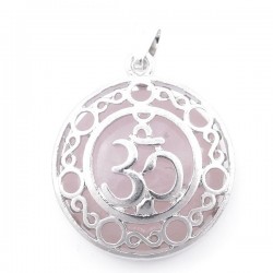 Quarzo Rosa Pendente in Pietra Naturale da 27mm e Simbolo Om in Metallo