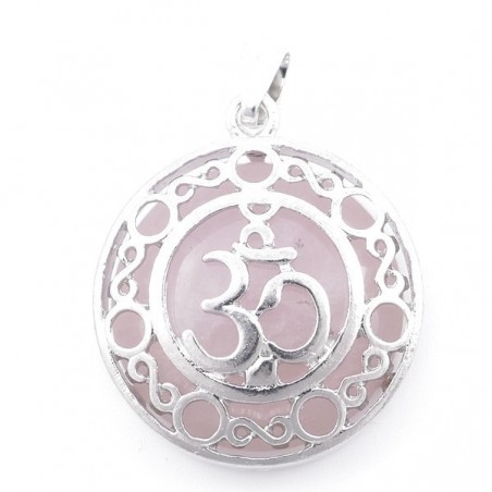 Quarzo Rosa Pendente in Pietra Naturale da 27mm e Simbolo Om in Metallo