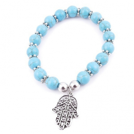 Braccialetto Turchesite perline 10mm con Ciondolo Mano di Fatima