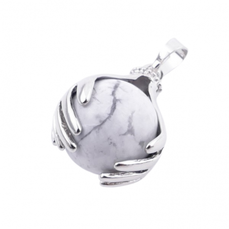 Howlite Pendente Sfera Pietra Naturale da 16mm e Mano in Metallo