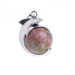 Unakite Pendente Sfera da 16mm in Pietra Naturale e Delfino in Metallo