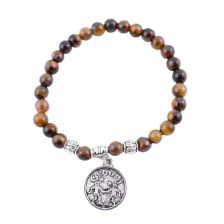 Gemelli Braccialetto Occhio di Tigre 6mm con ciondolo segno zodiacale