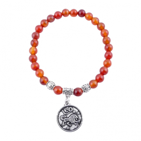 Leone Braccialetto Corniola 6mm con ciondolo segno zodiacale