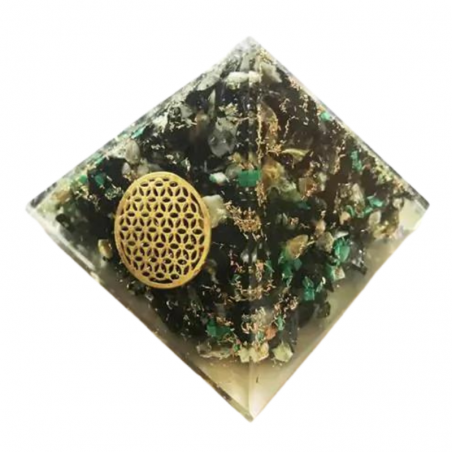 Crisocolla Piramide Orgonite con Fiore della Vita - 55 x 55 x 50mm