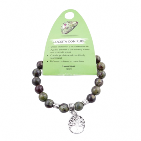 Braccialetto Fuchsite con Rubino perline in Pietra naturale da 8mm e Albero della Vita