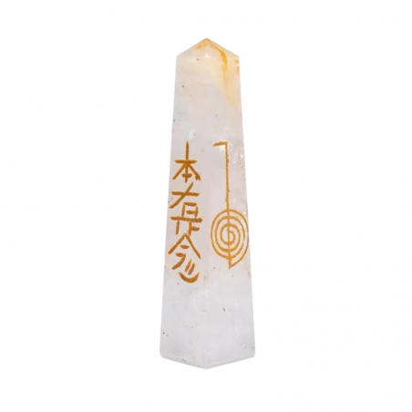 Cristallo di Rocca a forma di Obelisco con Simboli Reiki (± 2 x 10cm - ± 75gr)