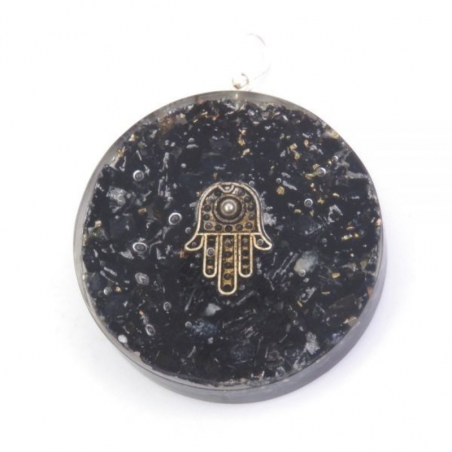 Tormalina Nera Orgone Pendente Tondo con Mano di Fatima