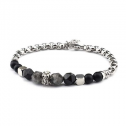 Braccialetto Agata Grigia perle da 8mm in Pietra Naturale e Acciaio - (19 + 2cm)