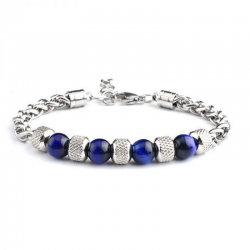 Braccialetto Occhio di Tigre Blu Perle da 8mm in Pietra Naturale e Acciaio - (19 + 3cm)
