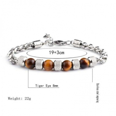 Braccialetto Occhio di Tigre 8mm in Pietra Naturale e Acciaio