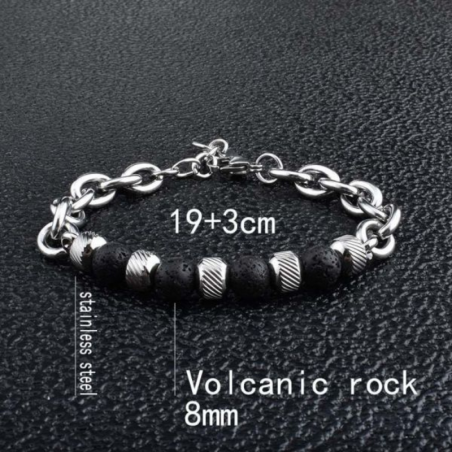 Braccialetto Lava Vulcanica perle da 8mm in Pietra Naturale e Acciaio - (19 + 3cm)