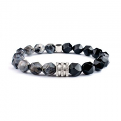 Braccialetto Agata e Onice Nero perle sfaccettate da 8mm in Pietra Naturale e Acciaio - (20cm)