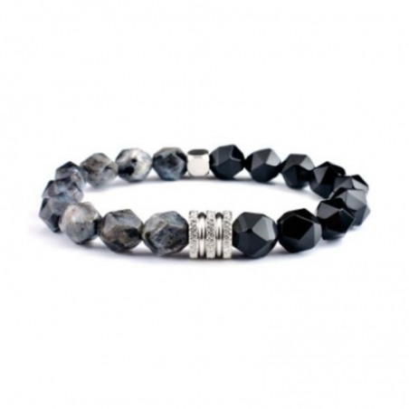 Braccialetto Agata e Onice Nero perle sfaccettate da 8mm in Pietra Naturale e Acciaio - (20cm)