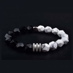 Braccialetto Howlite e Onice Nero perle sfaccettate da 8mm in Pietra Naturale e Acciaio - (20cm)