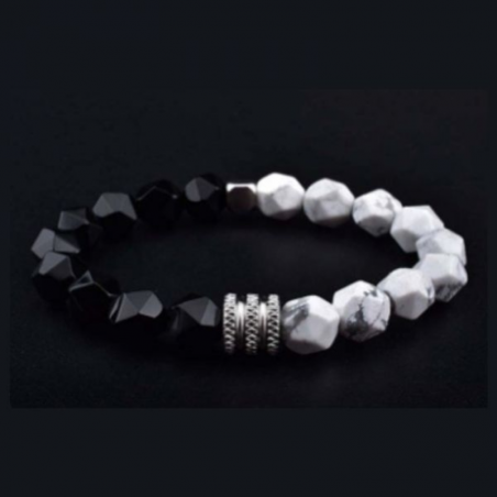 Braccialetto Howlite e Onice Nero perle sfaccettate da 8mm in Pietra Naturale e Acciaio - (20cm)