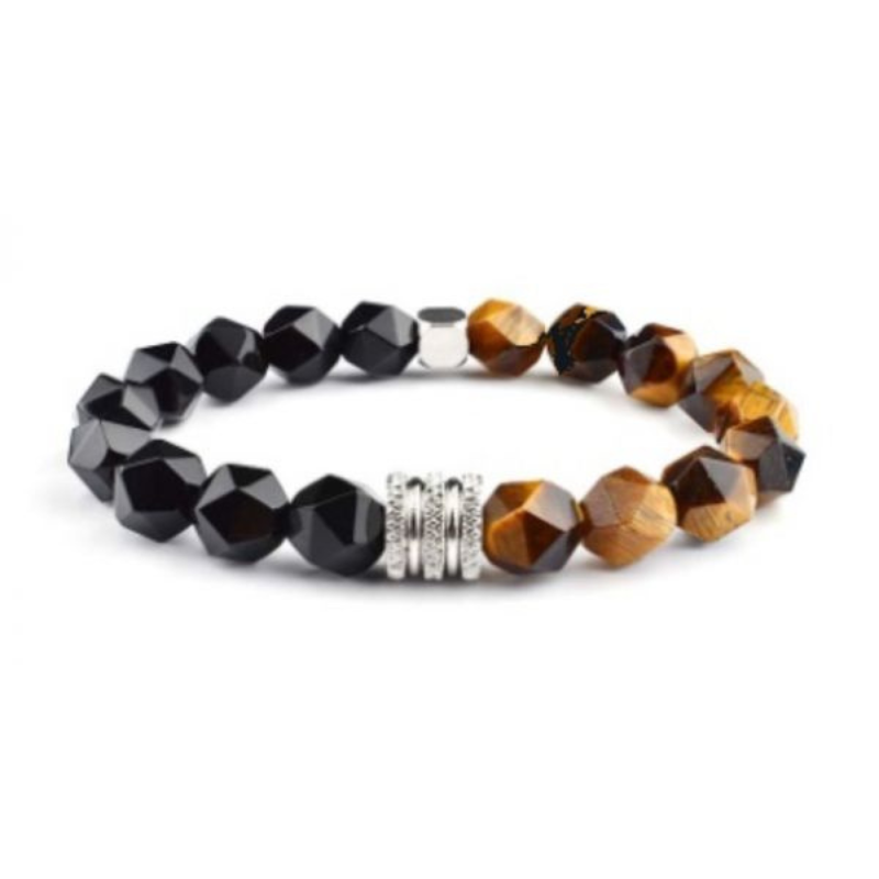 Braccialetto Occhio di Tigre e Onice Nero perline sfaccettate 8mm in Pietra Naturale e Acciaio