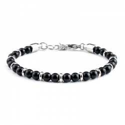 Braccialetto Onice Nero perline 6mm Pietra Naturale e Acciaio