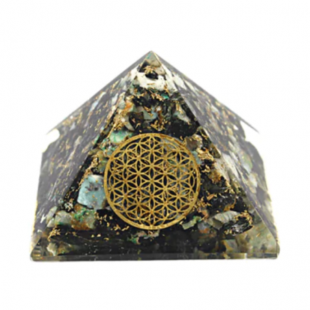 Crisocolla Piramide Orgonite con Fiore della Vita - 55 x 55 x 50mm