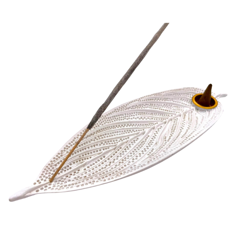 Supporto in Pietra per bastoncini e coni incenso - Foglia della Vita - Bianco