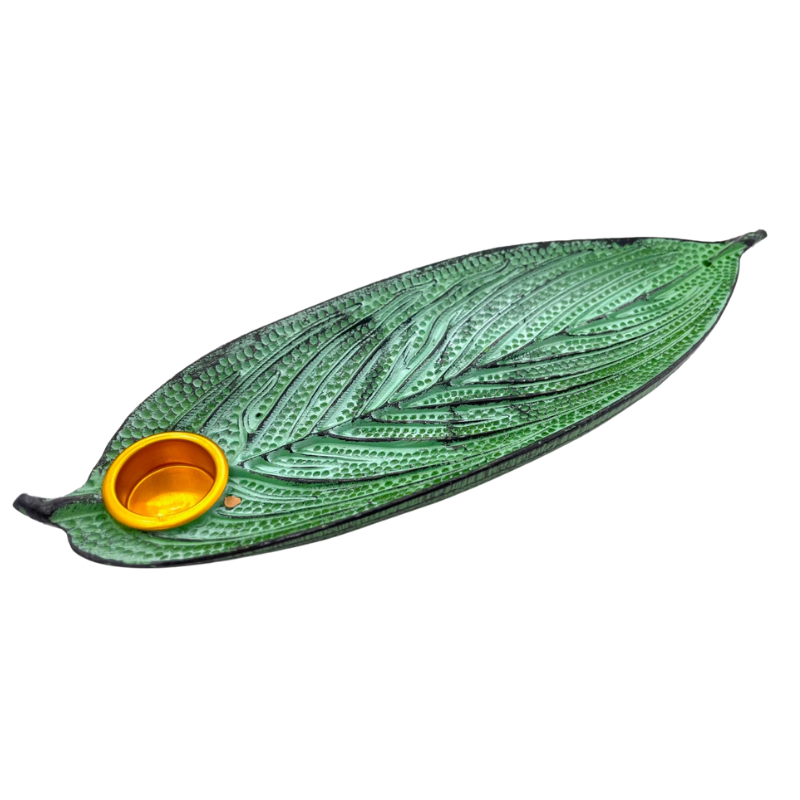 Supporto in Pietra per bastoncini e coni incenso - Foglia della Vita - Verde