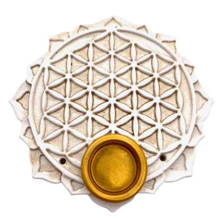 Supporto Bastoncini e Coni incenso in Pietra - Fiore della Vita Bianco - 9cm