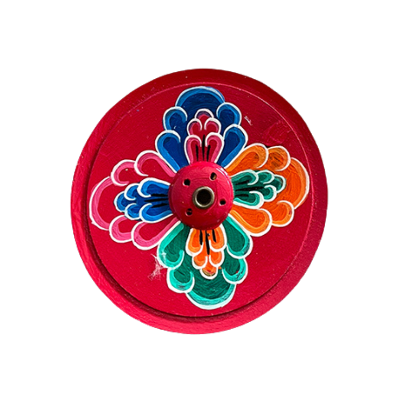 Porta Incenso Tibetano in Legno con Fiore Dipinto - 9,5 cm