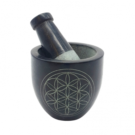 Mortaio (H 7 x ⌀ 8cm) e Pestello in pietra Saponite Nera per Resine Incenso - Fiore della Vita