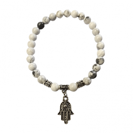 Braccialetto Howlite Perline Naturali da 6mm con Mano di Fatima