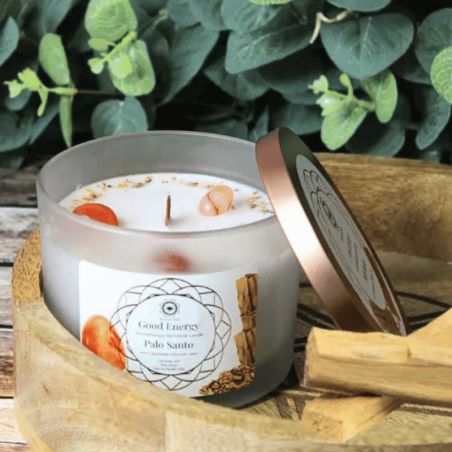 Good Energy - Palo Santo e Corniola Candela profumata con Pietre Preziose Green Tree - Energia Buona - 256gr.