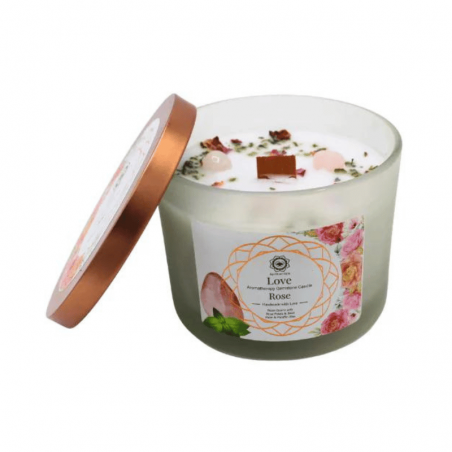 Petali di Rosa, Basilico e Quarzo Rosa Candela profumata con Pietre Preziose Green Tree - 256gr.