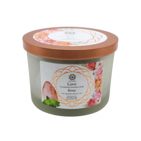 Petali di Rosa, Basilico e Quarzo Rosa Candela profumata con Pietre Preziose Green Tree - 256gr.