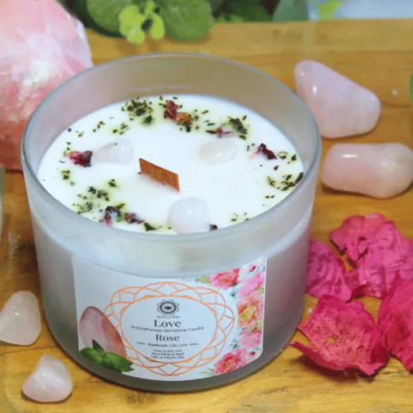 Petali di Rosa, Basilico e Quarzo Rosa Candela profumata con Pietre Preziose Green Tree - 256gr.